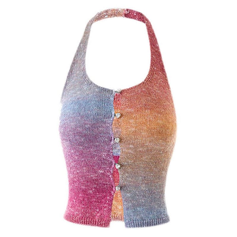 Gradient Colorful Knit Halter Top - S / Rainbow - Tops