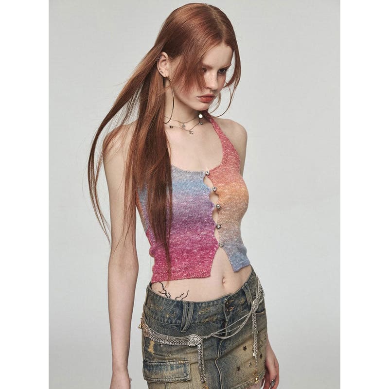 Gradient Colorful Knit Halter Top - Tops