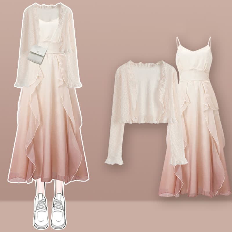 Gradient Lace Chiffon Cardigan Flouncing Slip Dress Set – KawaiiMoriStore