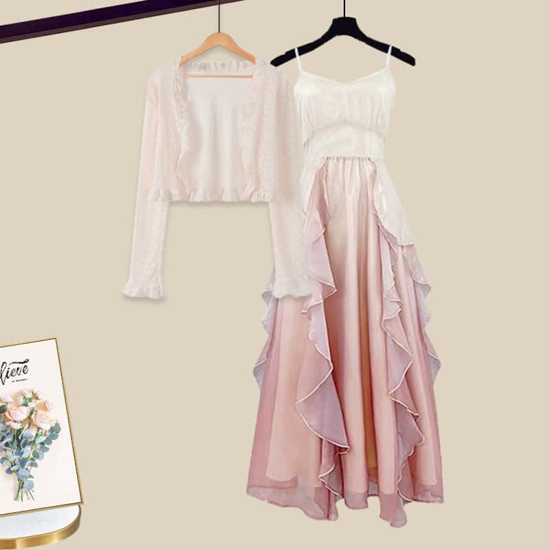 Gradient Lace Chiffon Cardigan Flouncing Slip Dress Set – KawaiiMoriStore