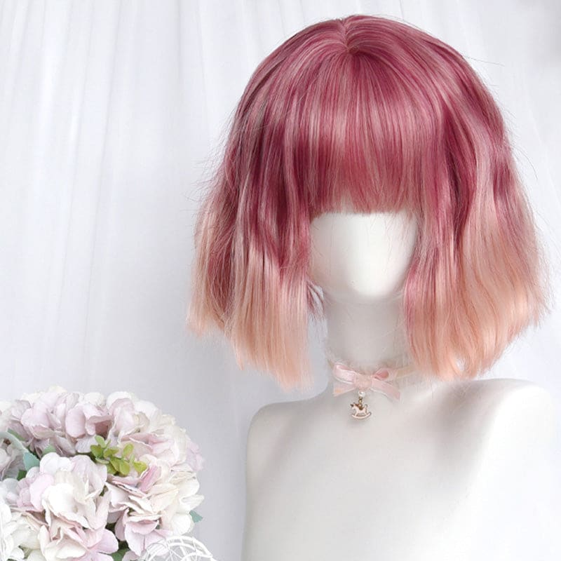 Gradient Pink Short Straight Ponytails Wig With Bangs - B