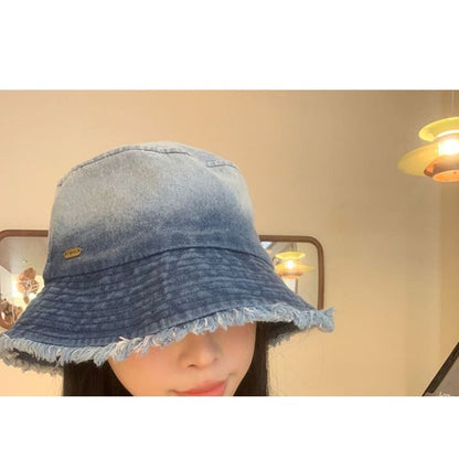 Gradient Washed Frayed Denim Bucket Hat