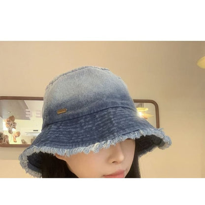 Gradient Washed Frayed Denim Bucket Hat