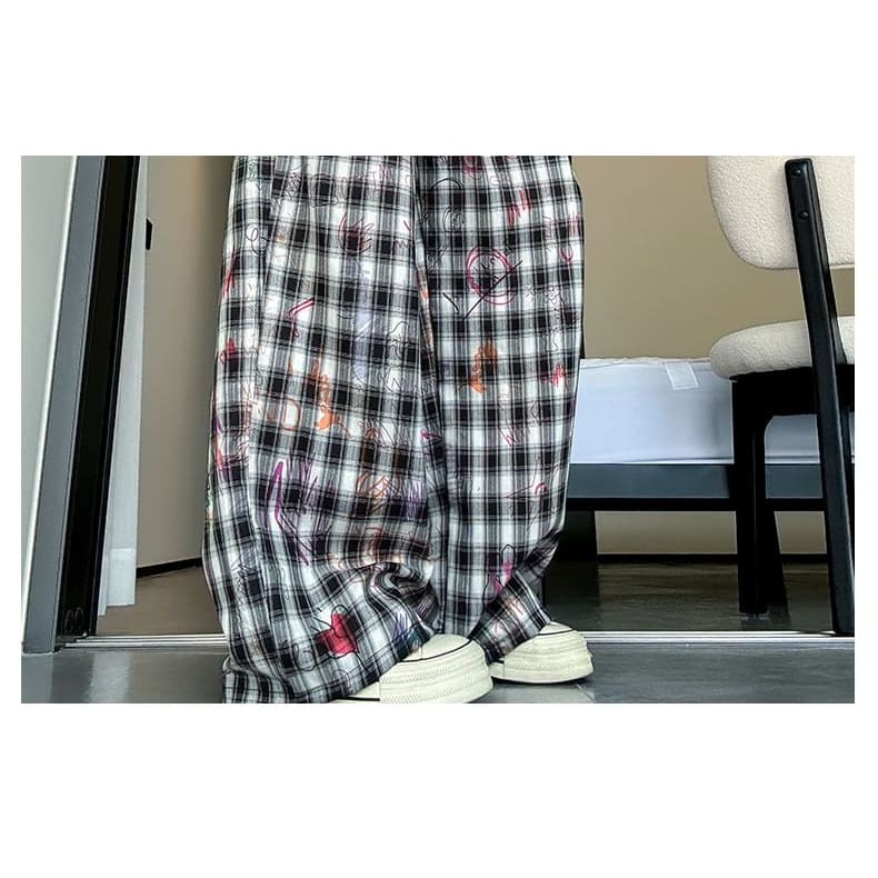 Graffiti Plaid High Rise Wide Leg Pants