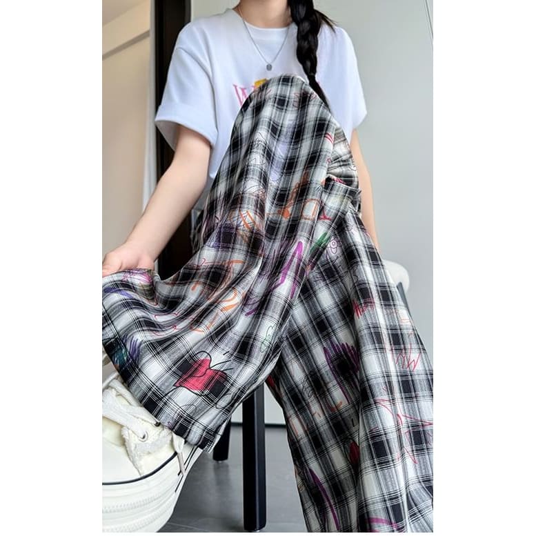 Graffiti Plaid High Rise Wide Leg Pants