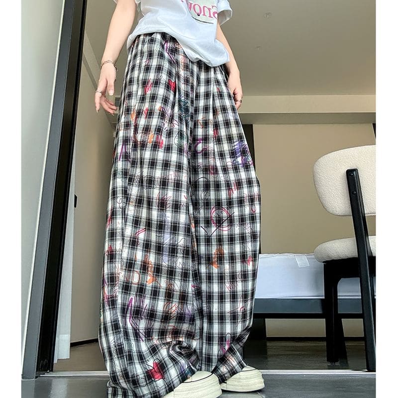 Graffiti Plaid High Rise Wide Leg Pants