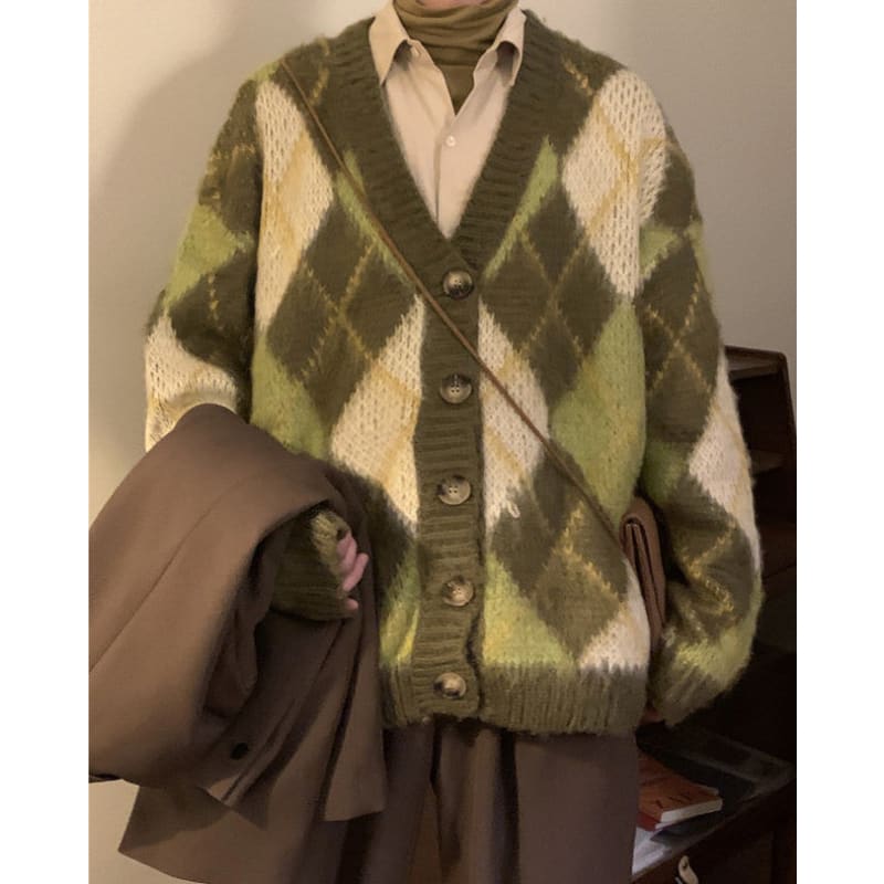 Green Argyle Cardigan Sweater - Cardigan