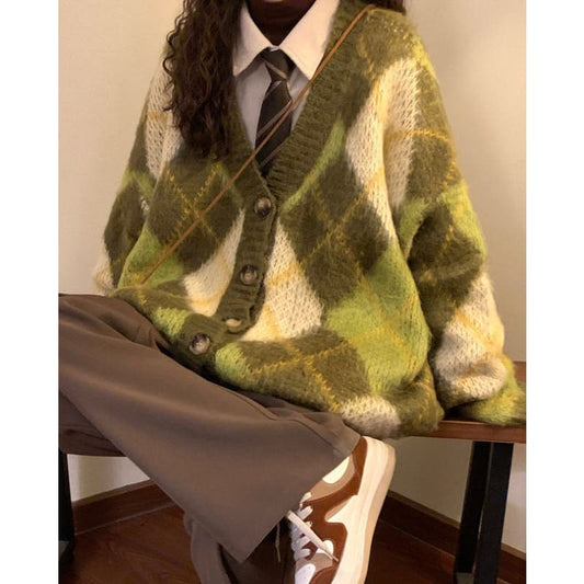 Green Argyle Cardigan Sweater - Cardigan