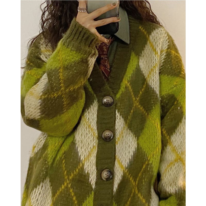 Green Argyle Cardigan Sweater - Cardigan