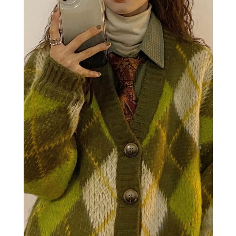 Green Argyle Cardigan Sweater - Cardigan