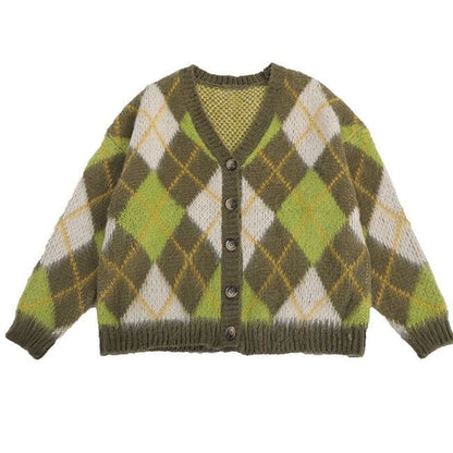 Green Argyle Cardigan Sweater - M / Green - Cardigan