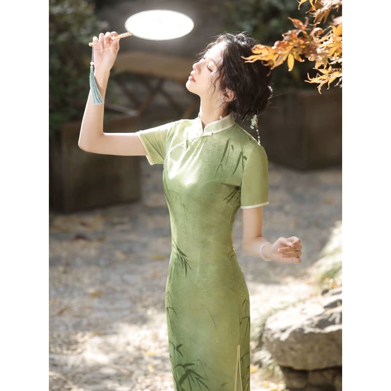 Green Bamboo Cheongsam Dress - Female Hanfu