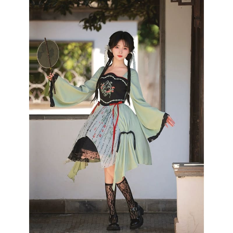 Green Bamboo Paint Tang Long Sleeve Dress - S - Modern Hanfu