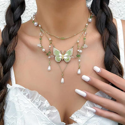 Green Butterfly Aesthetic Layered Necklace - Standart