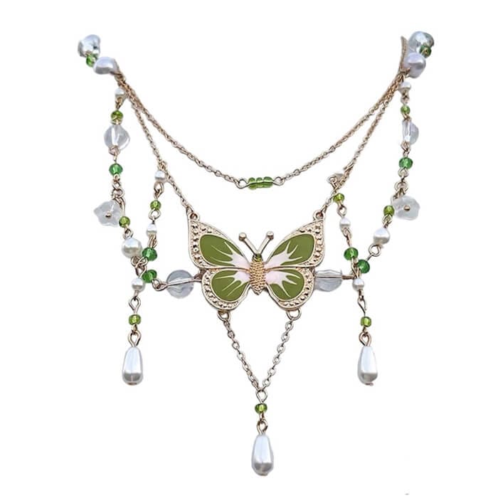 Green Butterfly Aesthetic Layered Necklace - Standart