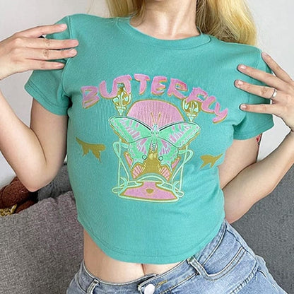 Green Butterfly Crop Top - Tops