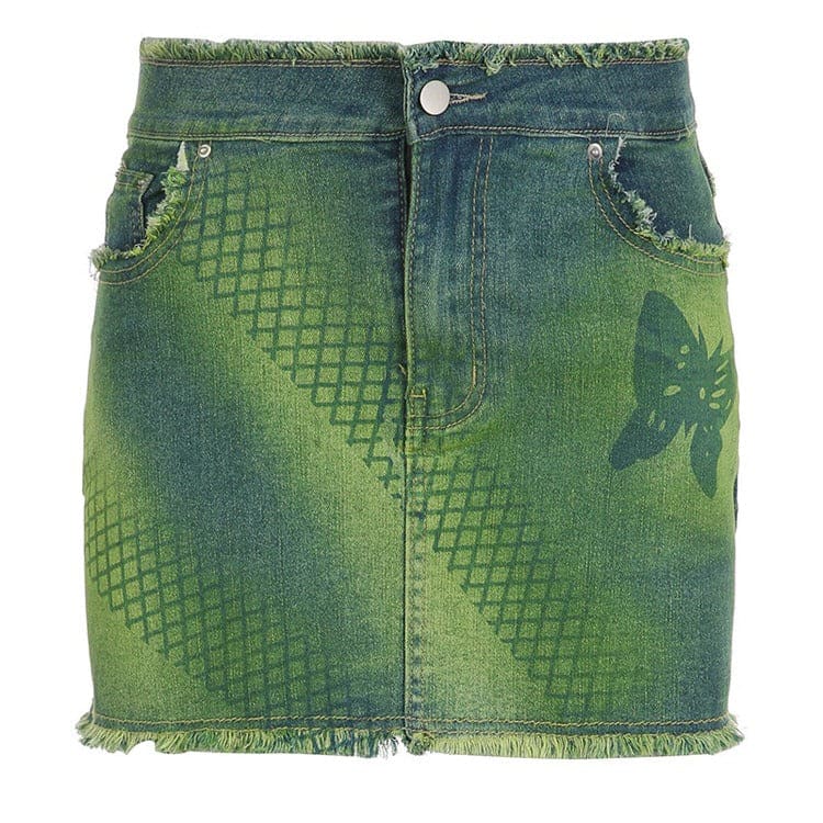 Green Butterfly Denim Skirt - S / Green - Skirt