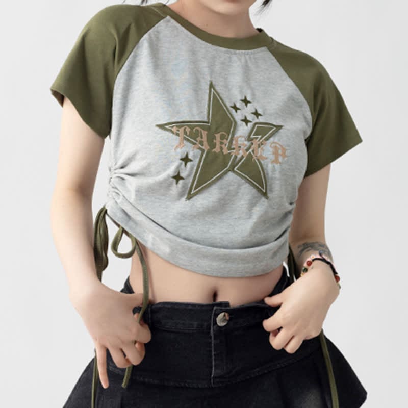 Green Colorblock Star Letter Crop Top T-Shirt Cargo Pants