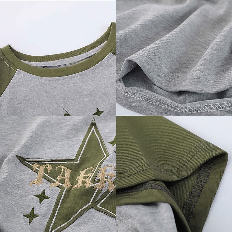 Green Colorblock Star Letter Crop Top T-Shirt Cargo Pants