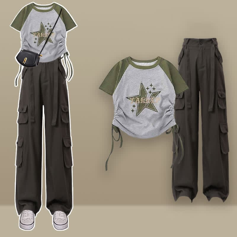 Green Colorblock Star Letter Crop Top T-Shirt Cargo Pants