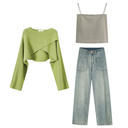 Green Cross Knit Crop Sweater Cami Pocketed Denim Pants