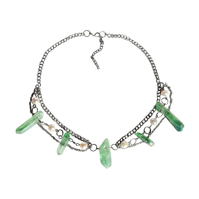 Green Crystal Layered Necklace - Standart / Silver/green