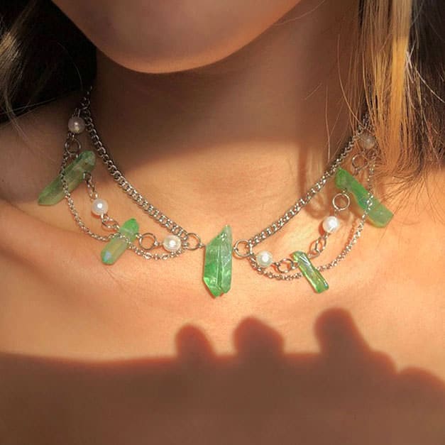 Green Crystal Layered Necklace - Standart / Silver/green