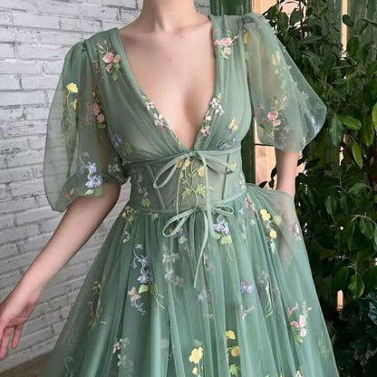 Green Embroidery Lace Fairy Dresses