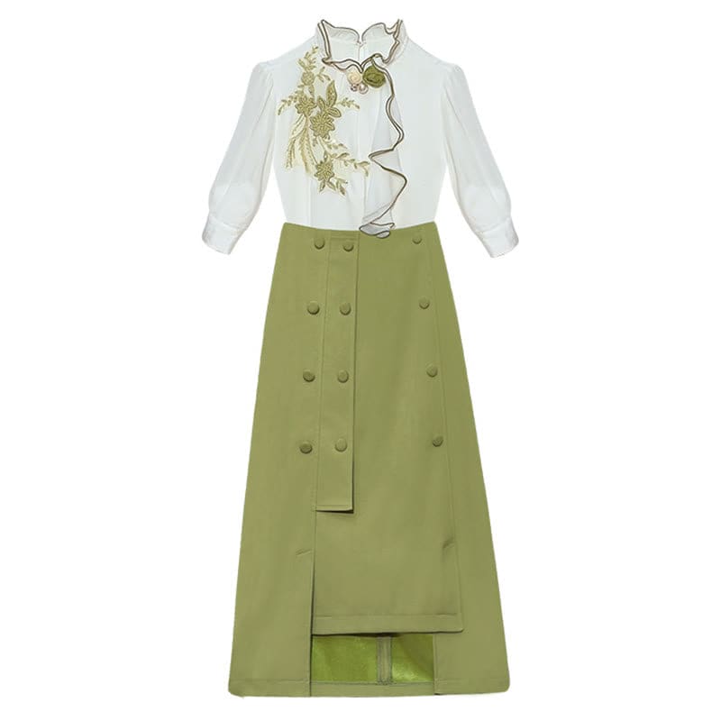 Green Embroidery Shirt Irregular Skirt Set - Set / S