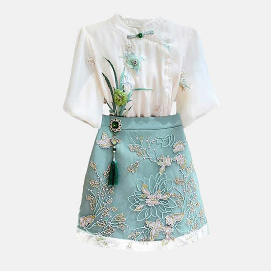 Green Floral Embroidery Shirt Skirt Set - Set / S