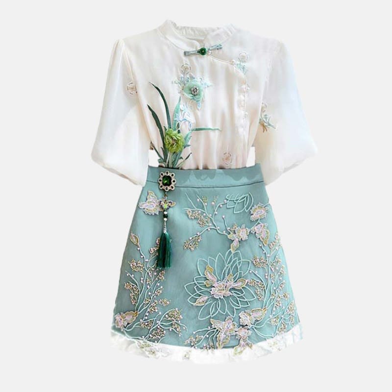 Green Floral Embroidery Shirt Skirt Set - Set / S