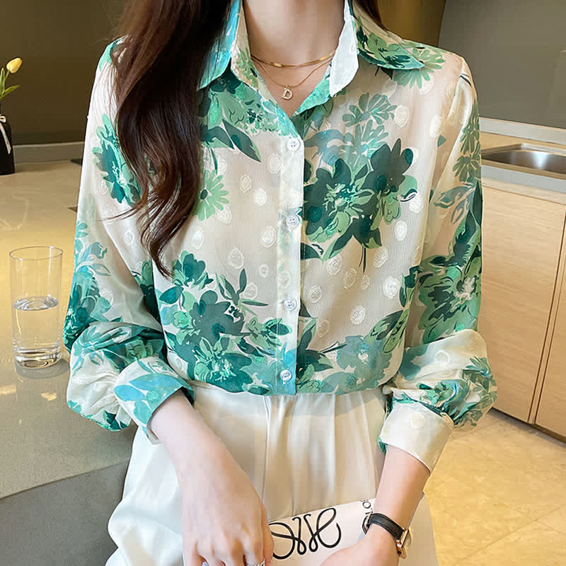 Green Floral Print Puff Sleeve Chiffon Shirt