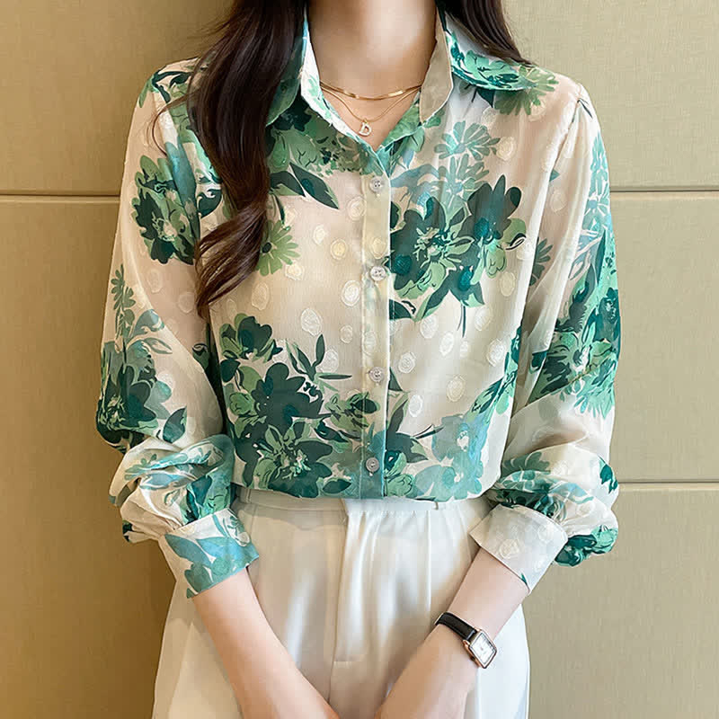 Green Floral Print Puff Sleeve Chiffon Shirt