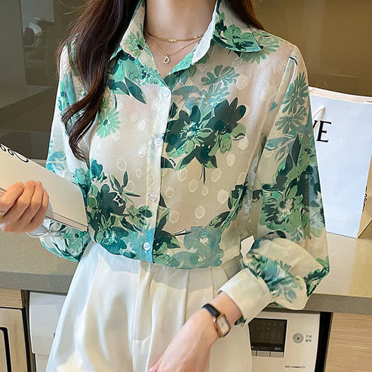 Green Floral Print Puff Sleeve Chiffon Shirt - Green / M