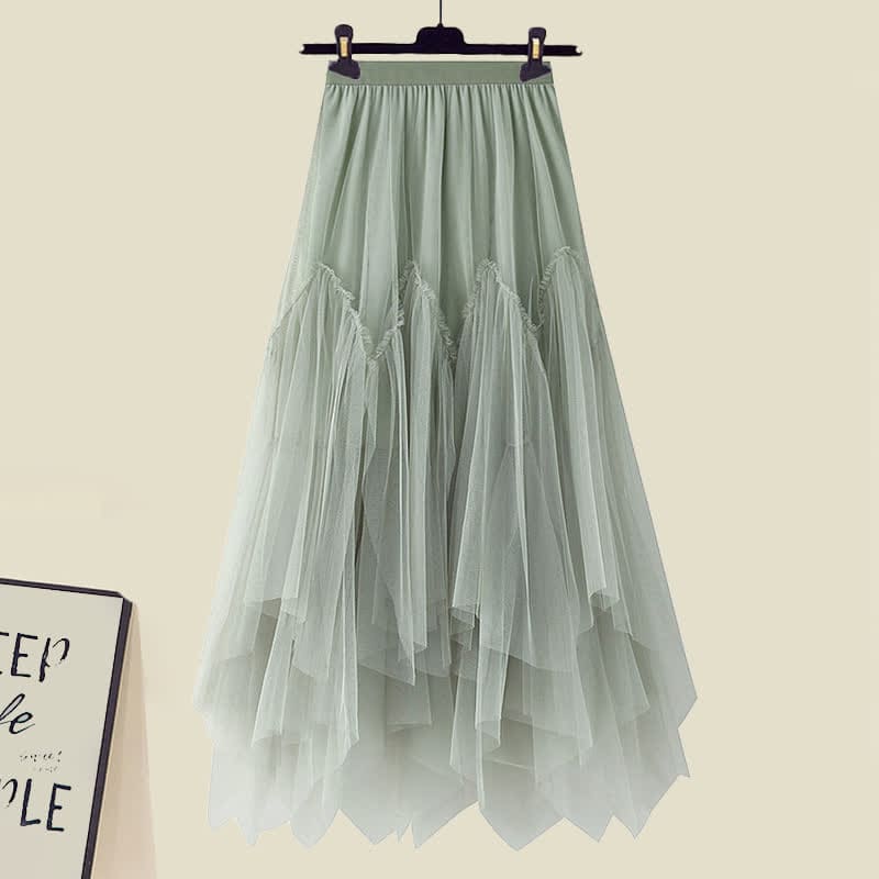 Green Flower Print T-Shirt Irregular Tulle Skirt - Skirt / M