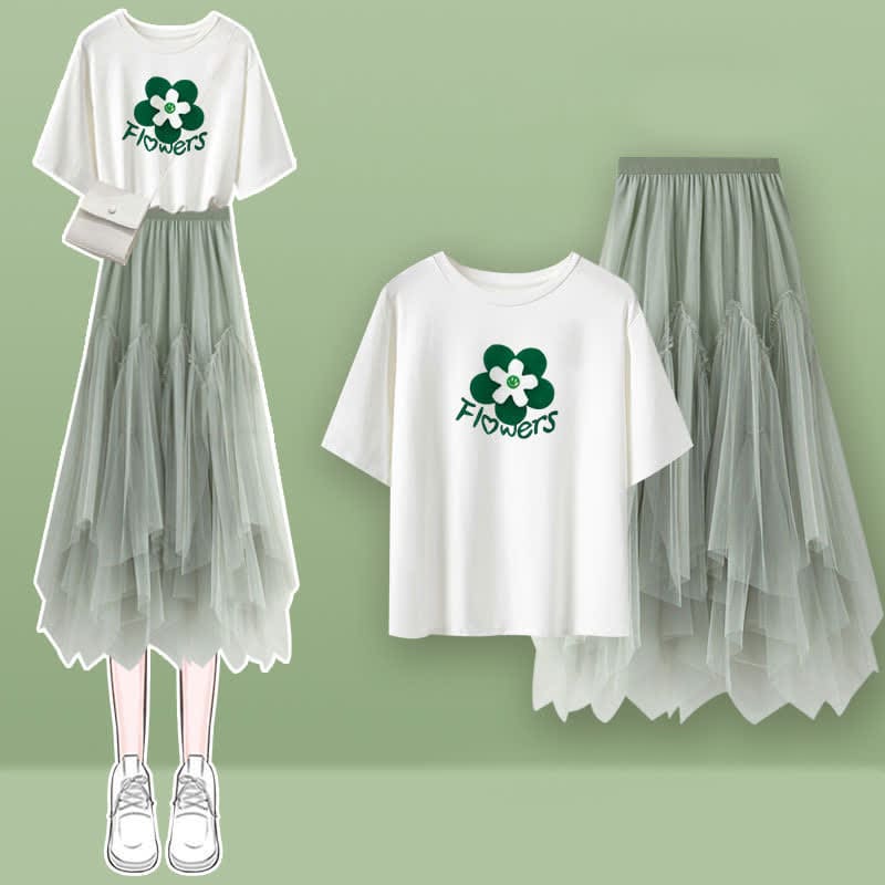 Green Flower Print T-Shirt Irregular Tulle Skirt - Set A / M