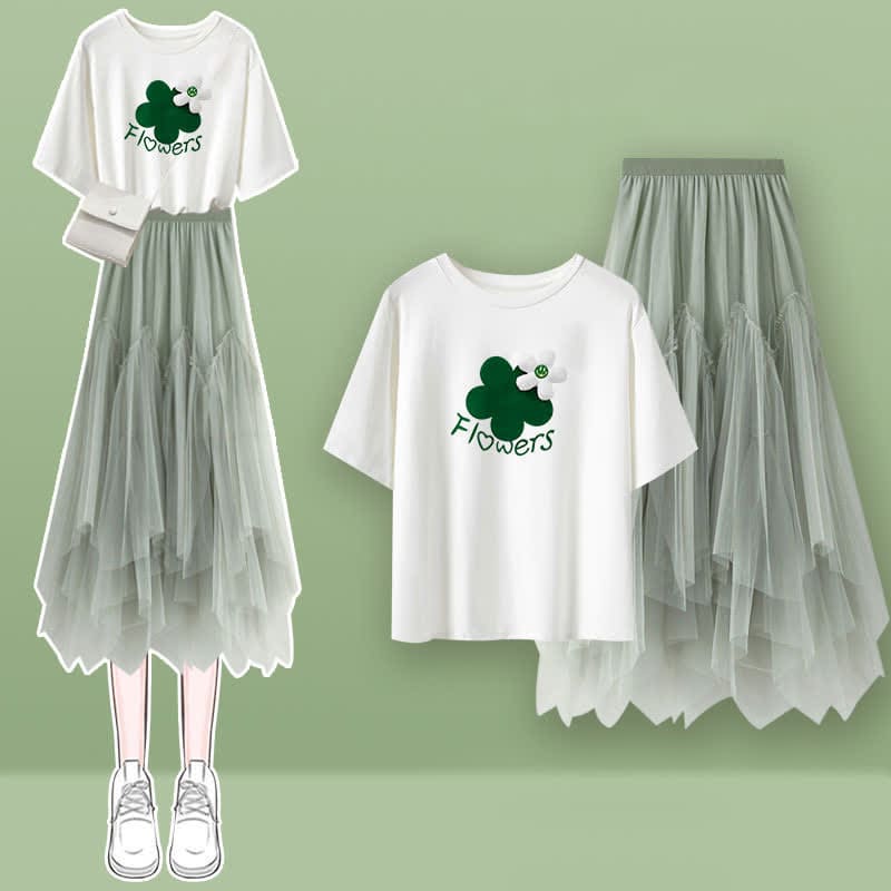 Green Flower Print T-Shirt Irregular Tulle Skirt - Set B / M