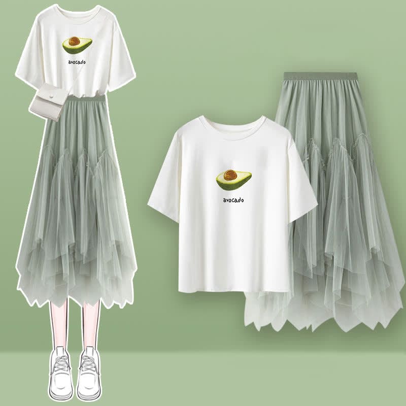 Green Flower Print T-Shirt Irregular Tulle Skirt - Set C / M