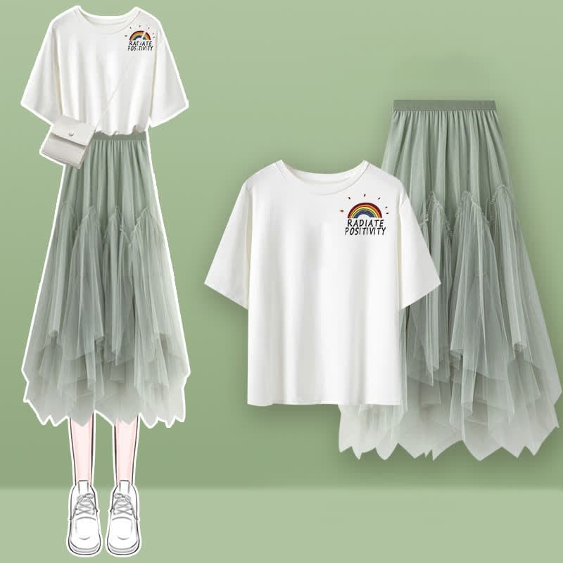 Green Flower Print T-Shirt Irregular Tulle Skirt - Set D / M