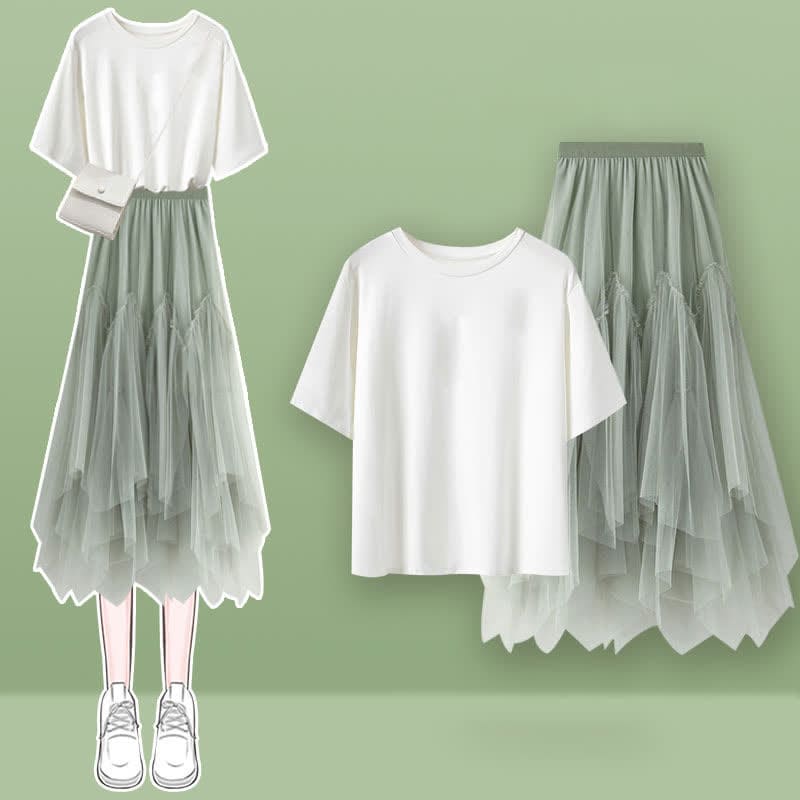 Green Flower Print T-Shirt Irregular Tulle Skirt - Set E / M