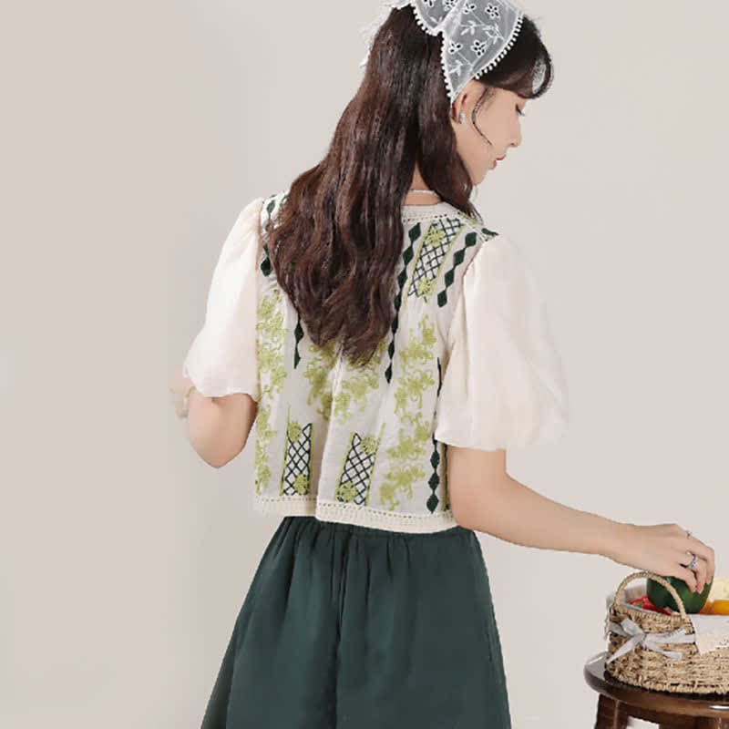 Green Graphic Embroidery Puff Sleeve T-Shirt High Waist