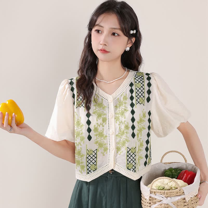 Green Graphic Embroidery Puff Sleeve T-Shirt High Waist