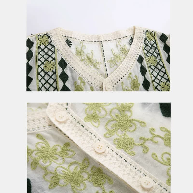 Green Graphic Embroidery Puff Sleeve T-Shirt High Waist