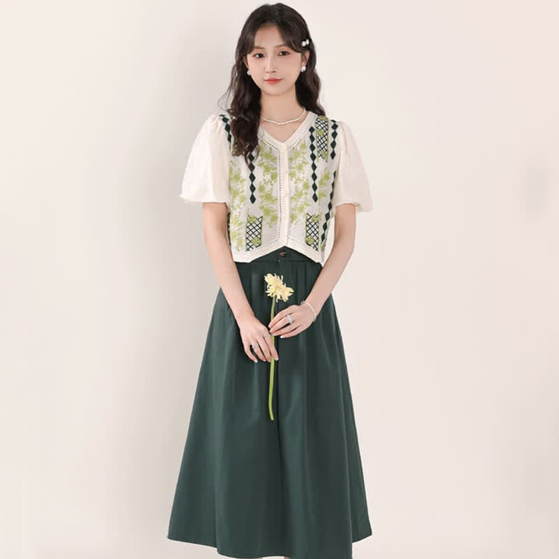 Green Graphic Embroidery Puff Sleeve T-Shirt High Waist