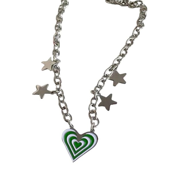 Green Heart Star Necklace - Standart / Green - Necklace