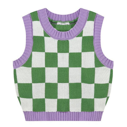 Green Lavender Checkered Vest - Free Size / Green/purple