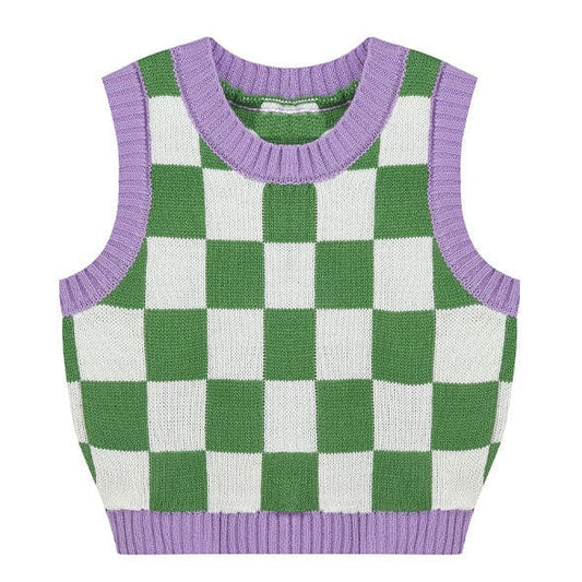 Green Lavender Checkered Vest - Free Size / Green/purple