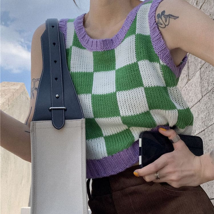 Green Lavender Checkered Vest - Free Size / Green/purple