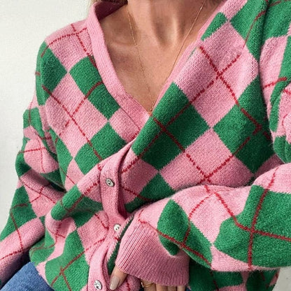 Green Pink Argyle Pattern Cardigan - Cardigan