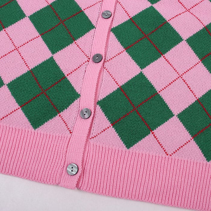 Green Pink Argyle Pattern Cardigan - Cardigan